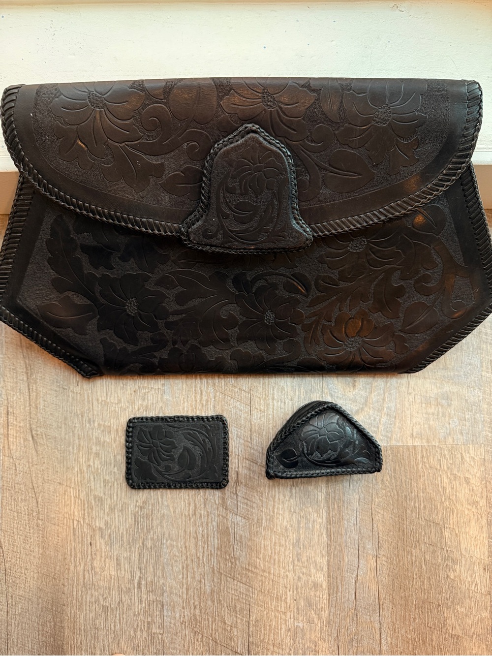 Hand-Tooled Black Leather Clutch with Matching Card Case & Coin Pouch